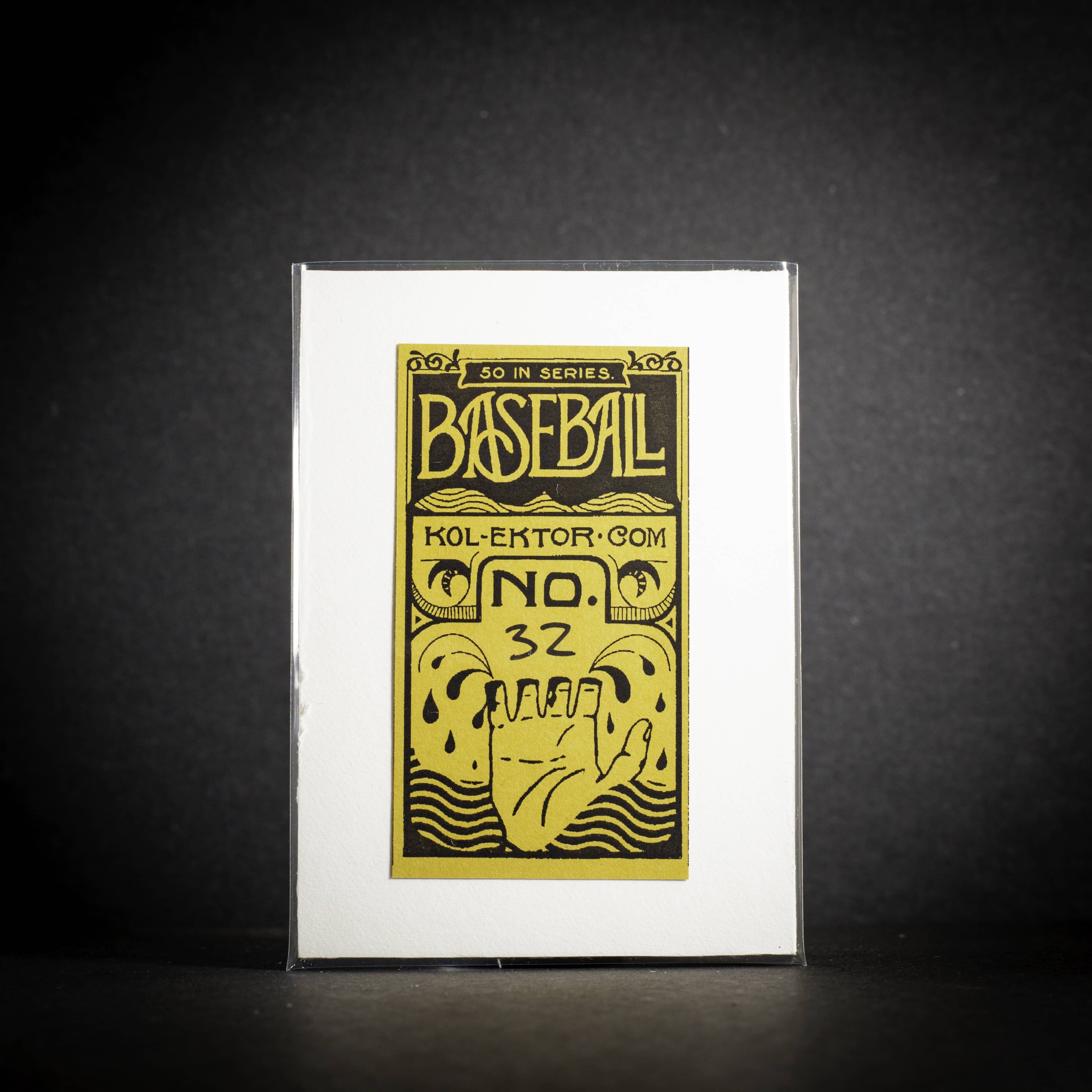 Baseball card with yellow text and design on a black background