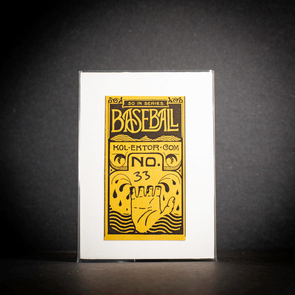 Baseball card with yellow text and design on a black background