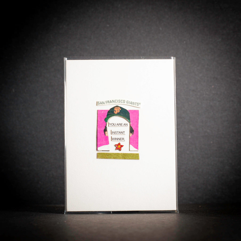 Instant winner character illustration and text on a dark background