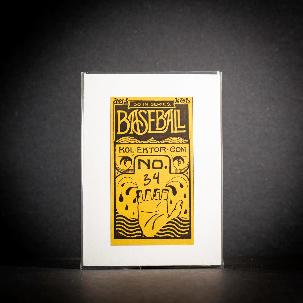 Baseball card with yellow text and graphics on a white background