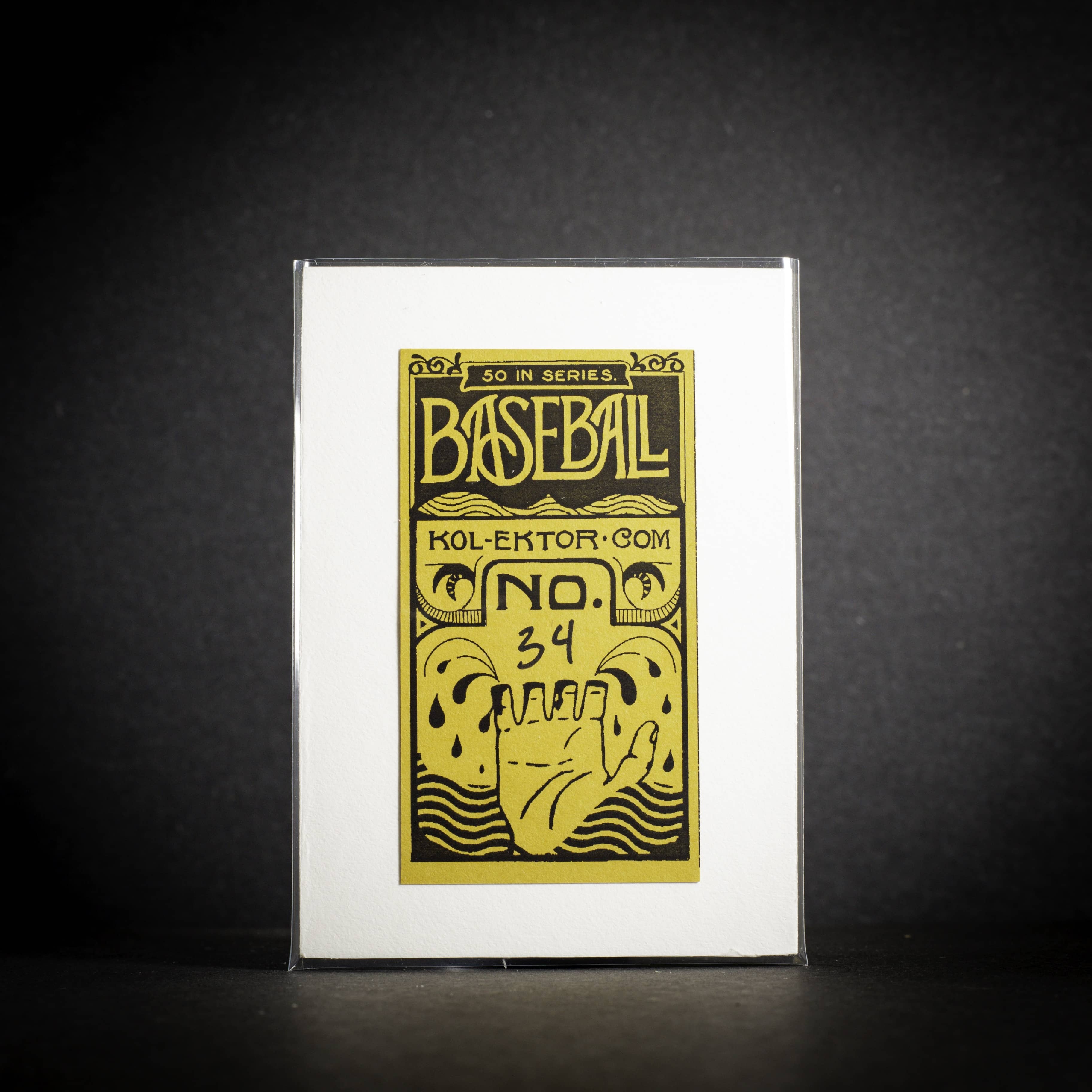 Baseball card with yellow text and graphics on a white background