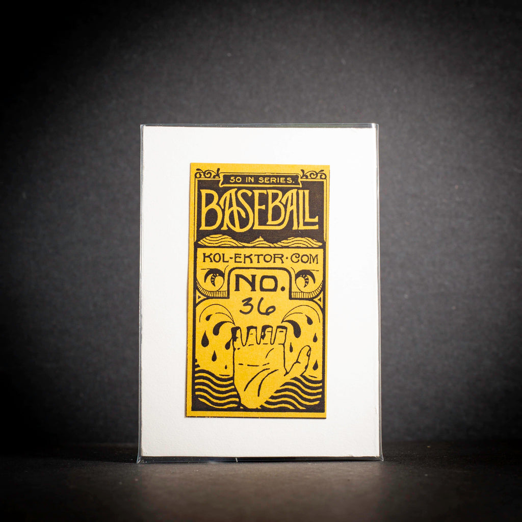 Baseball card with yellow text and graphics on a white background