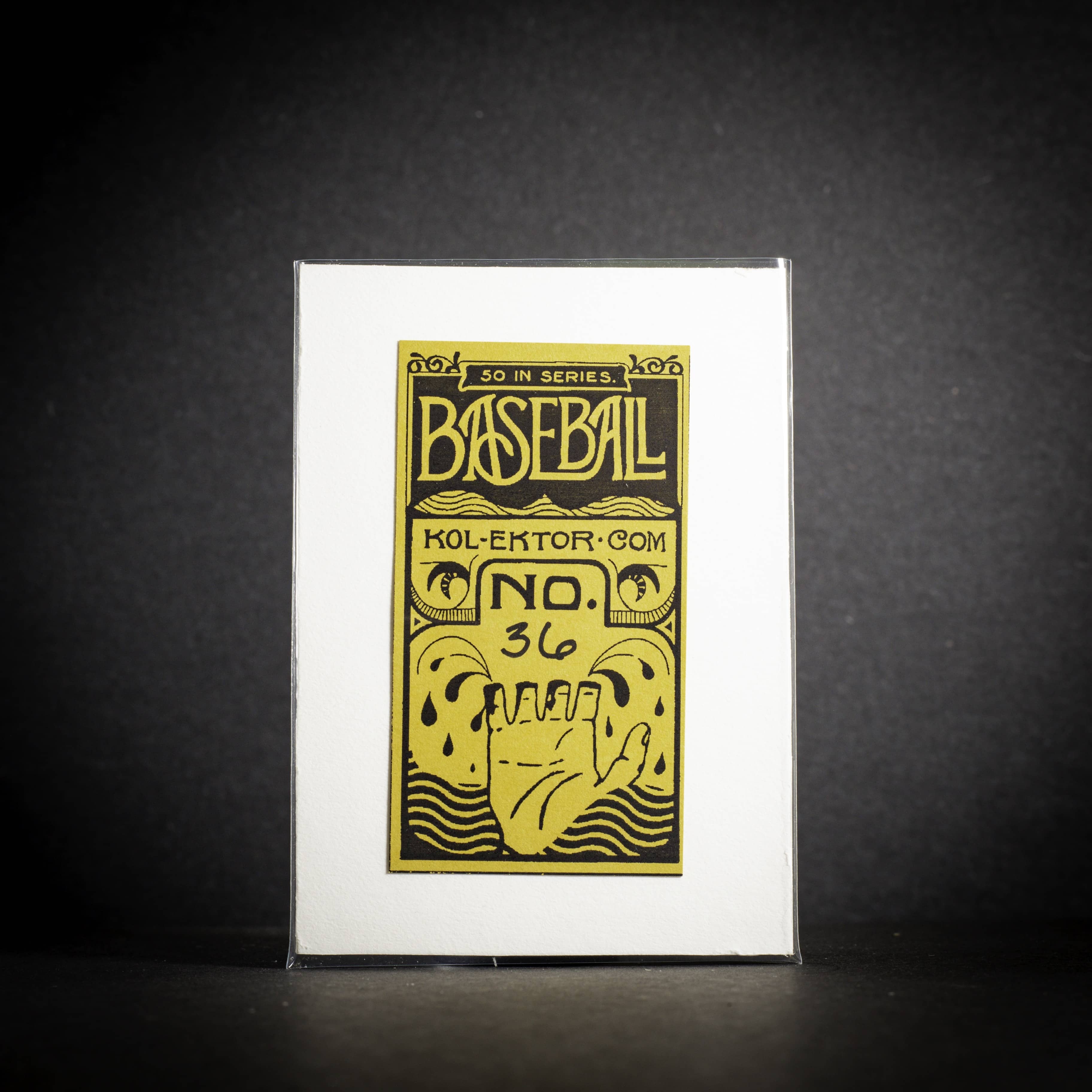 Baseball card with yellow text and graphics on a white background