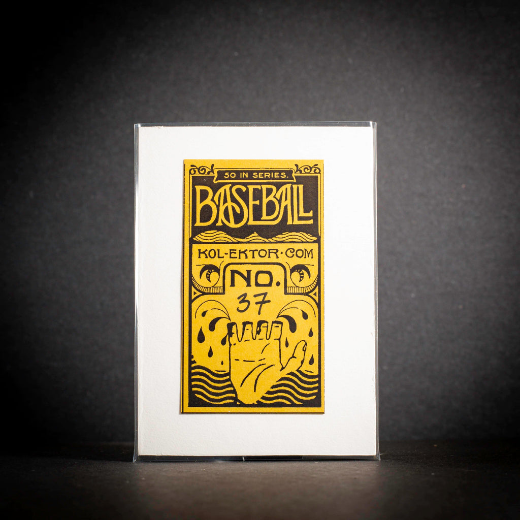 Baseball card with yellow text and graphics on a black background