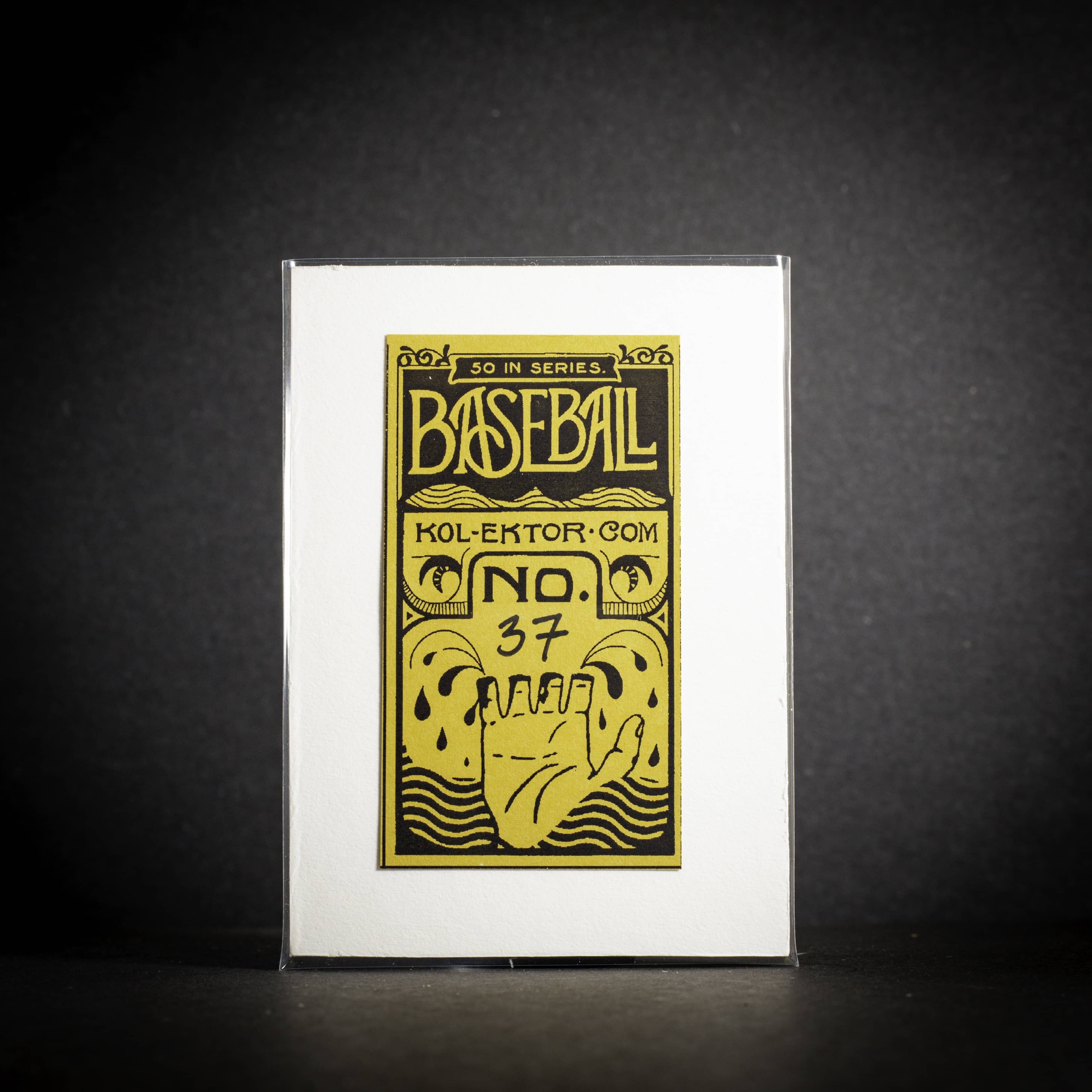 Baseball card with yellow text and graphics on a black background