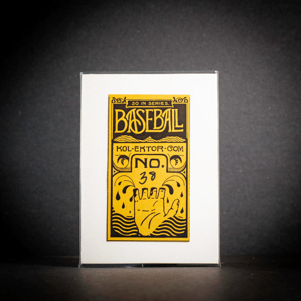 Baseball-themed card with yellow text and graphics on a black background