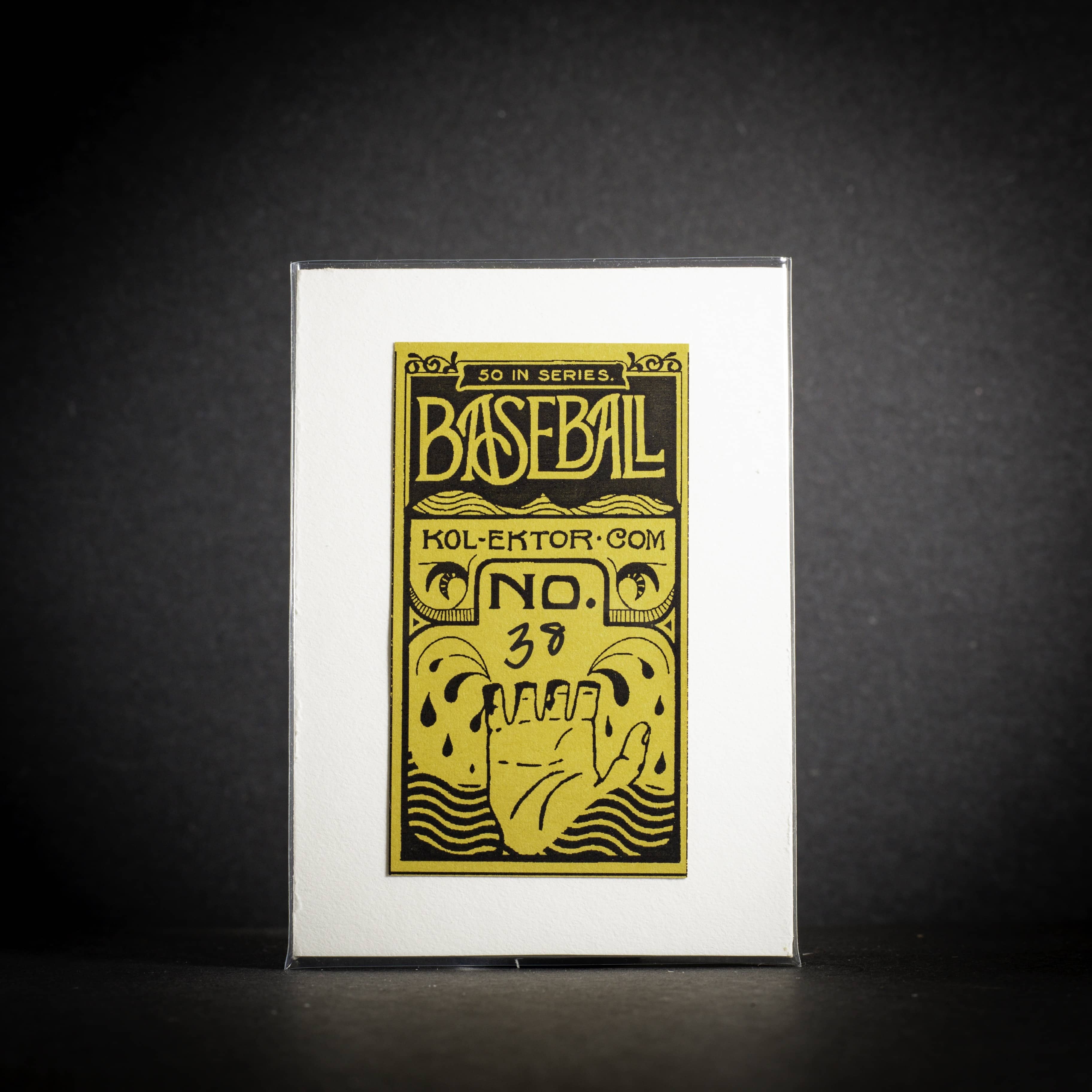 Baseball-themed card with yellow text and graphics on a black background
