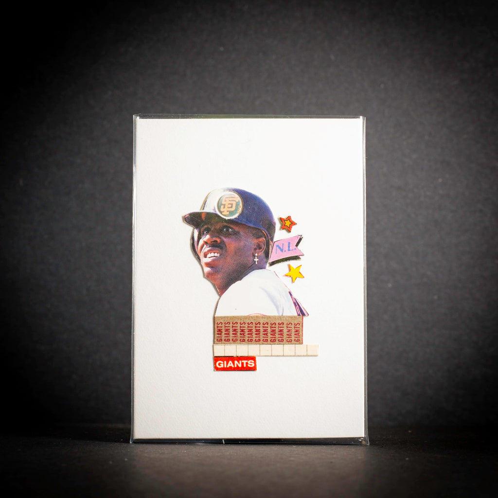 Card with a person wearing a cap and a basket, on a dark background