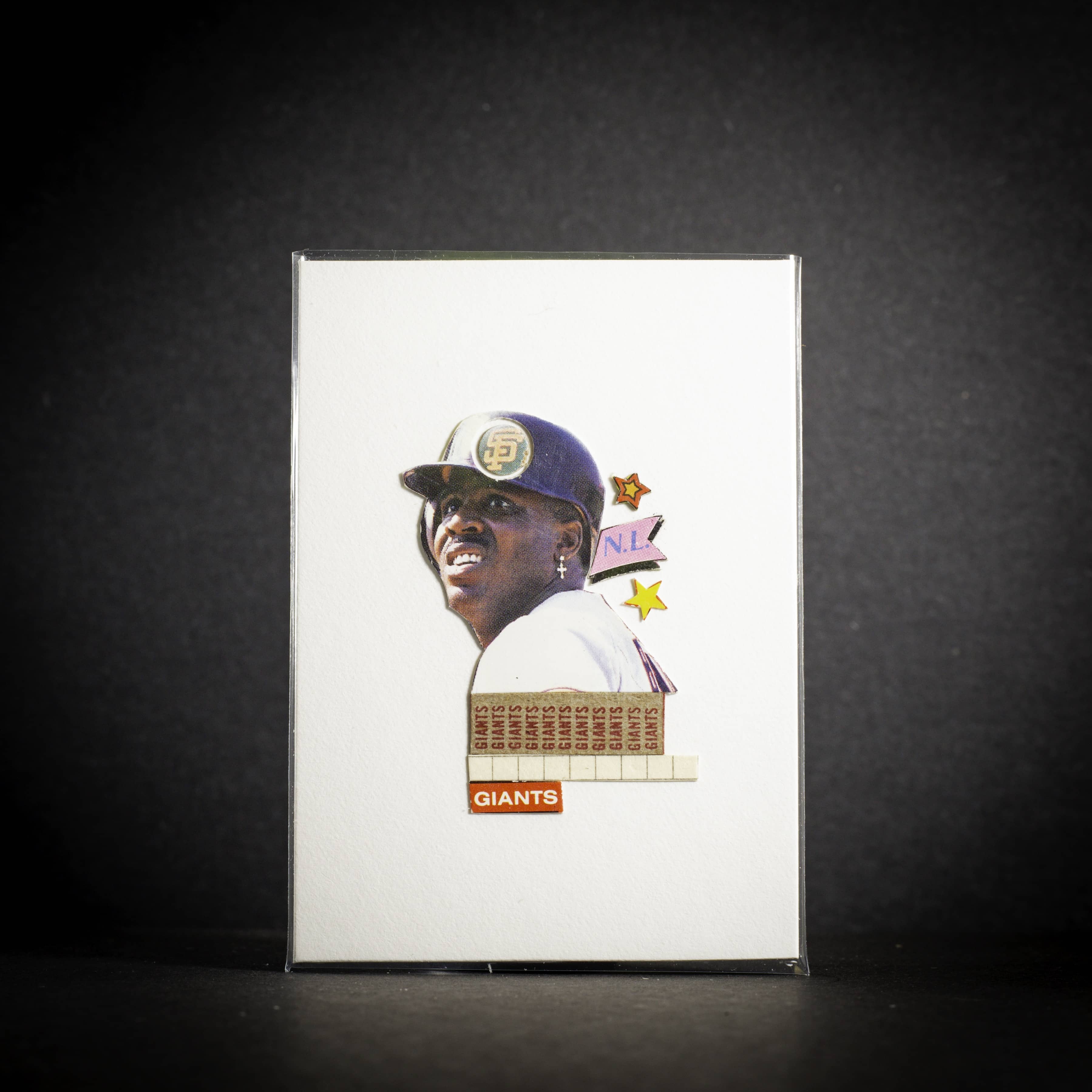 Card with a person wearing a cap and a basket, on a dark background