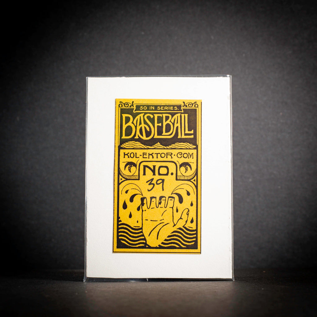 Baseball-themed card with yellow text and graphics on a white background