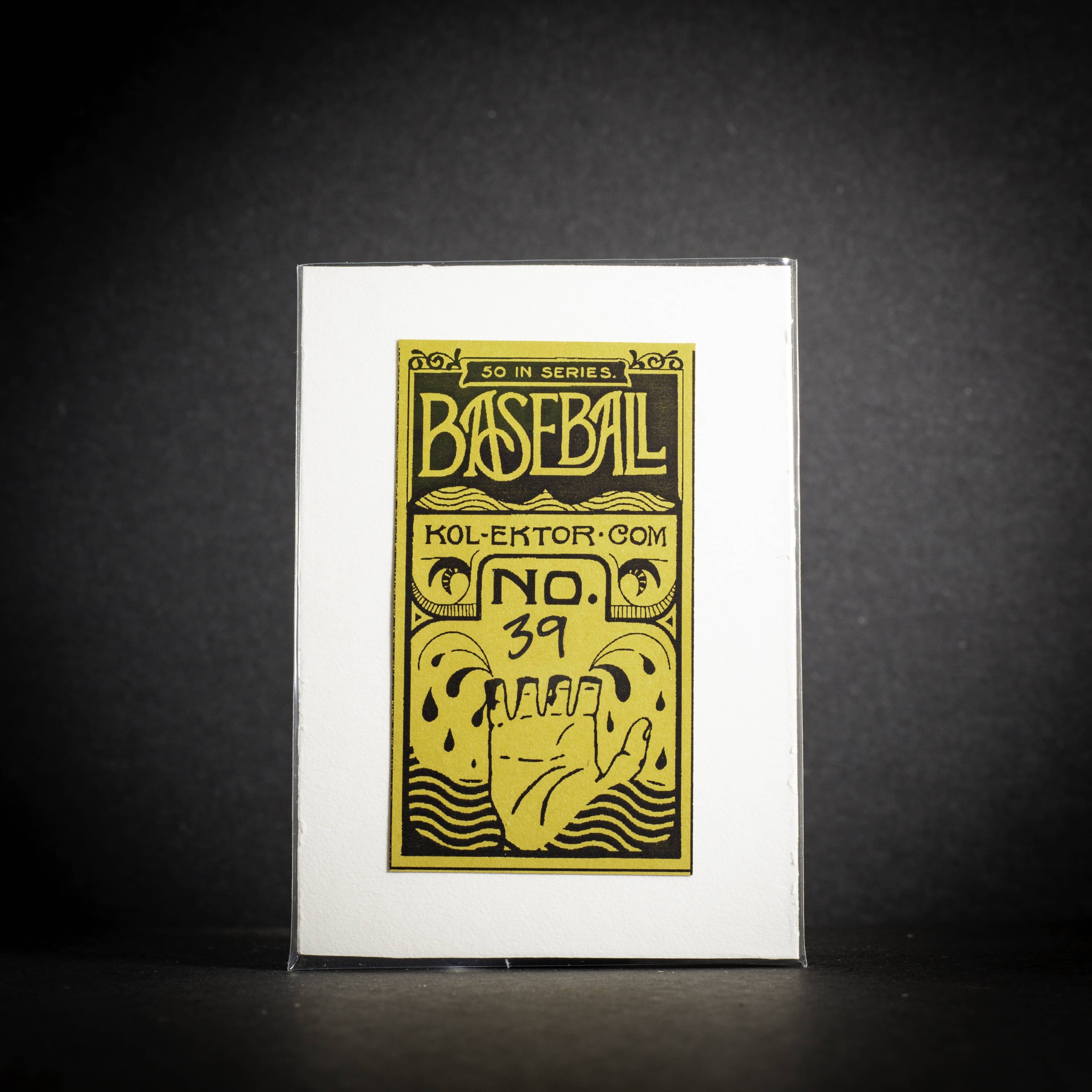 Baseball-themed card with yellow text and graphics on a white background