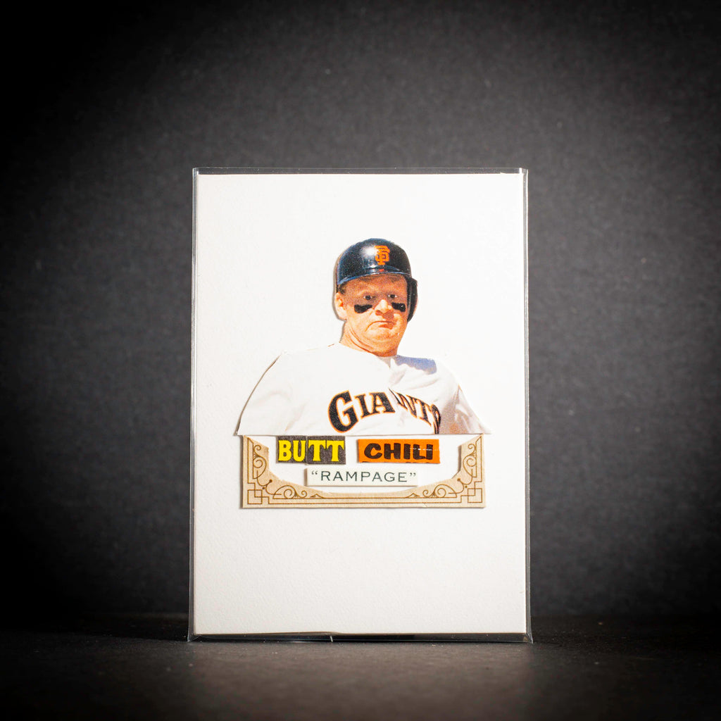 Card with a baseball player's face and 'Giants' logo on a dark background