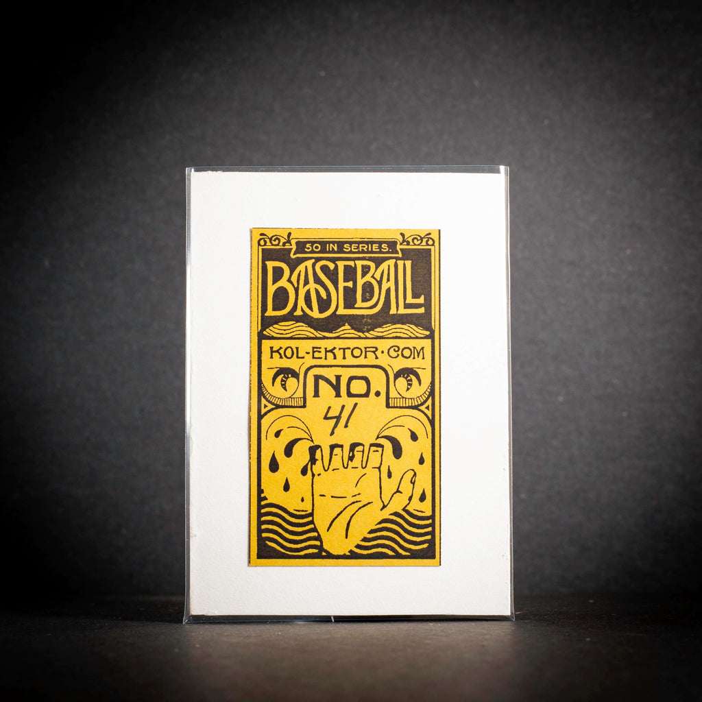 Baseball card with yellow text and graphics on a black background