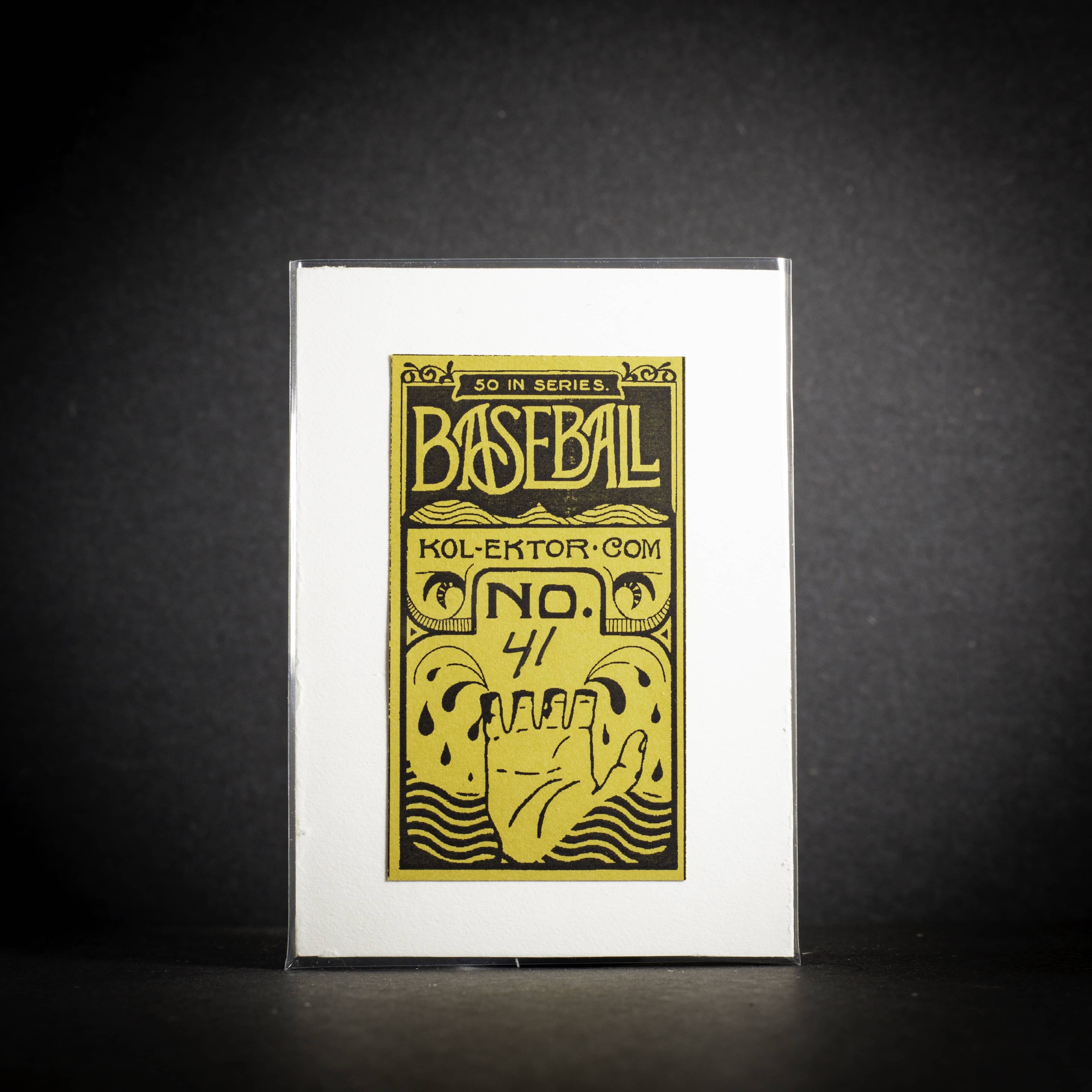 Baseball card with yellow text and graphics on a black background
