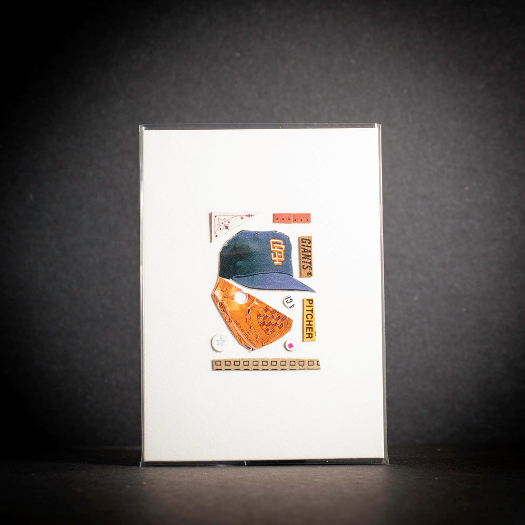 Baseball cap and glove card on a white card with a dark background