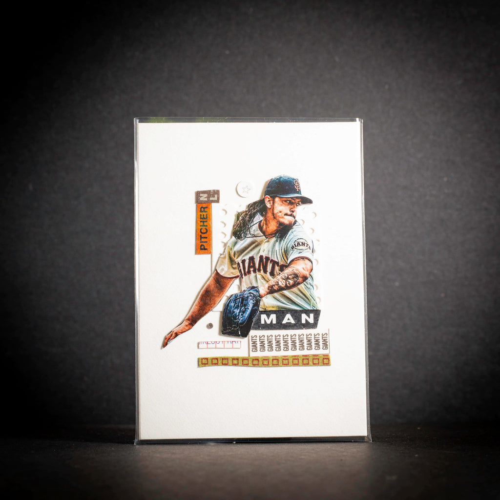 Baseball trading card of a pitcher on a dark background