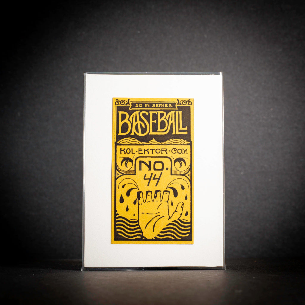 Baseball card with yellow text and design on a white background
