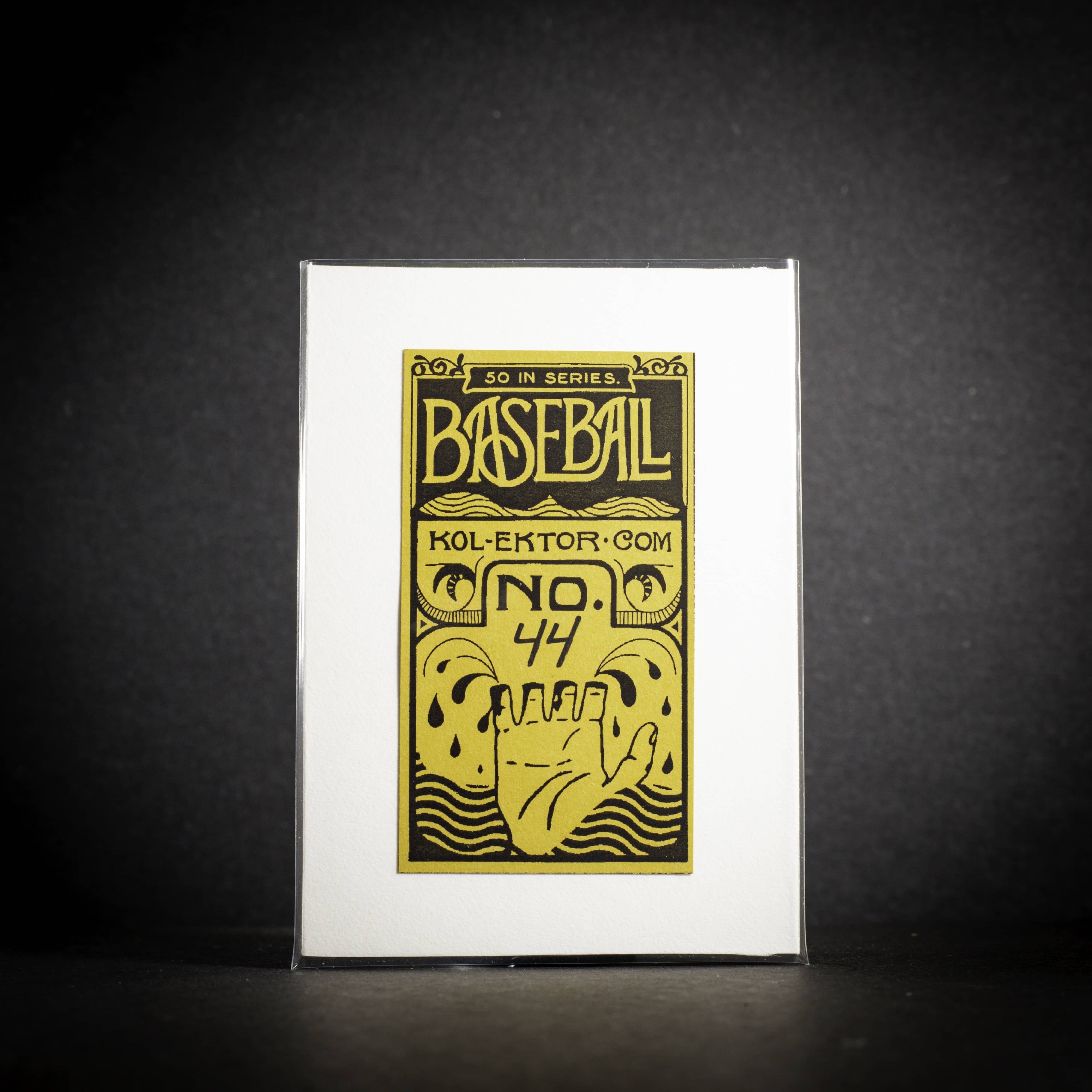 Baseball card with yellow text and design on a white background