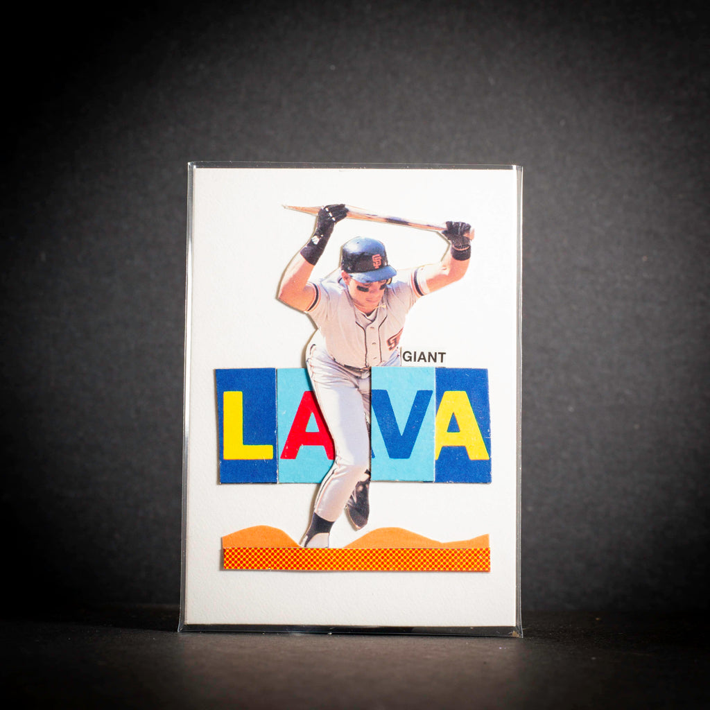 Baseball card with a player in a batting pose and colorful 'LAVA' text on a dark background