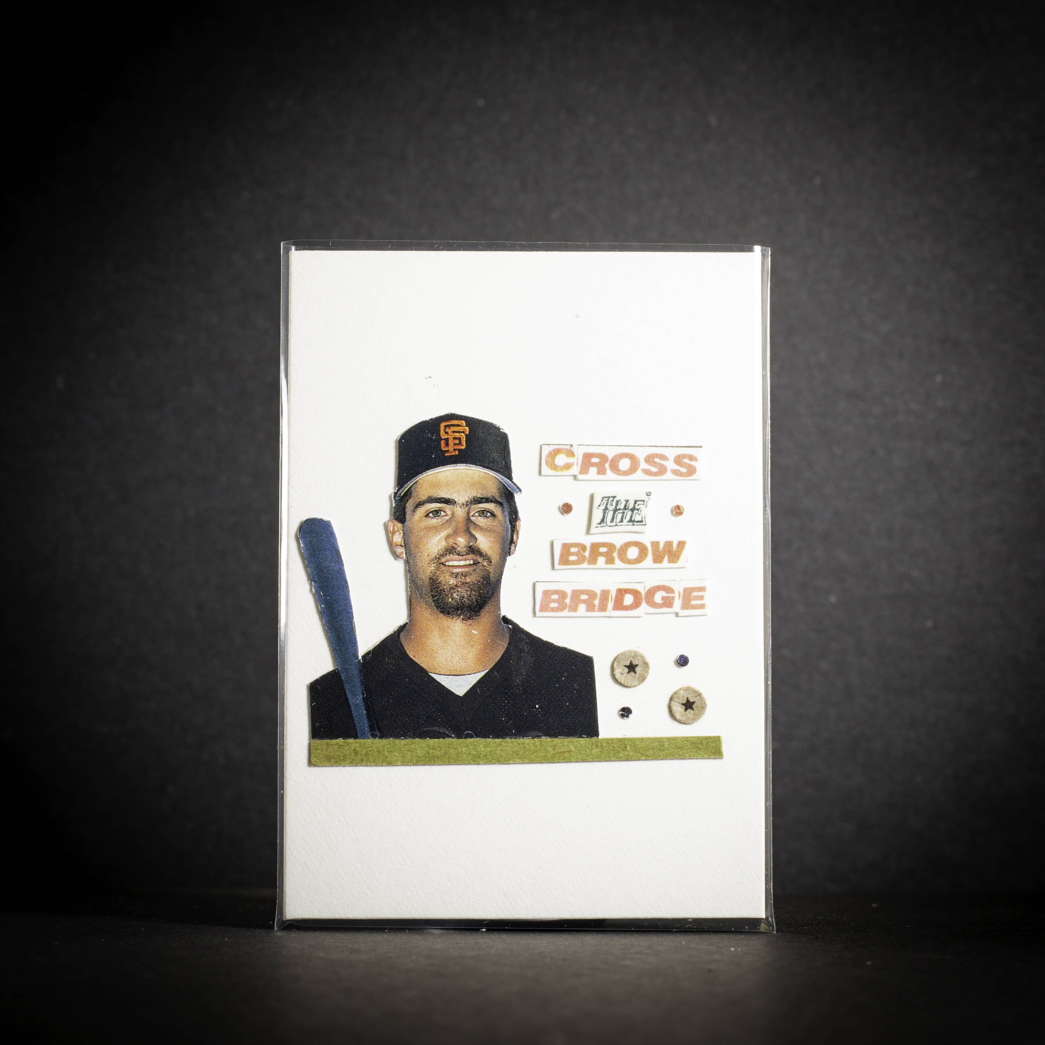 Baseball card with a player's image and text on a dark background