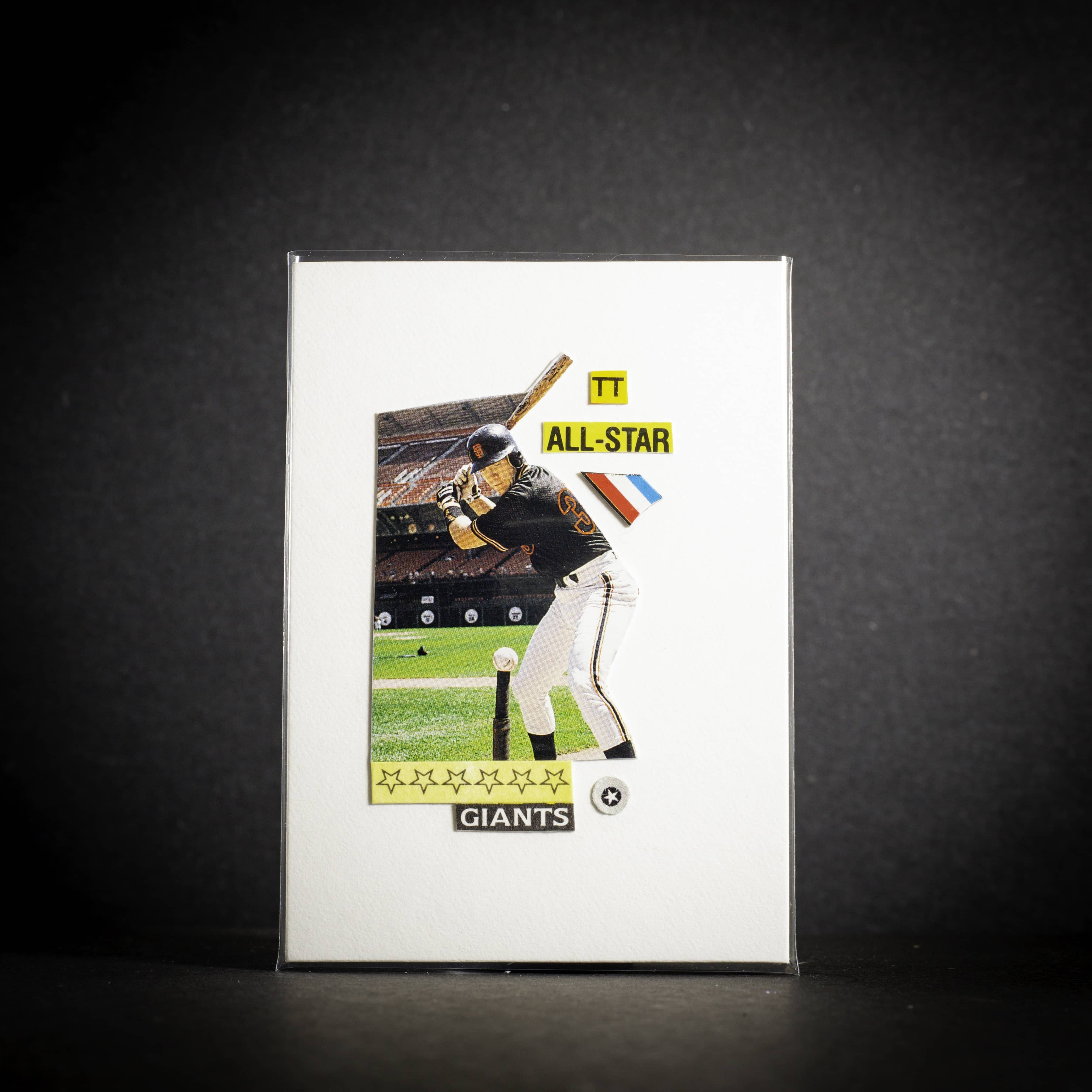Baseball trading card featuring a player in a black jersey with 'All-Star' and 'Giants' text on a dark background.