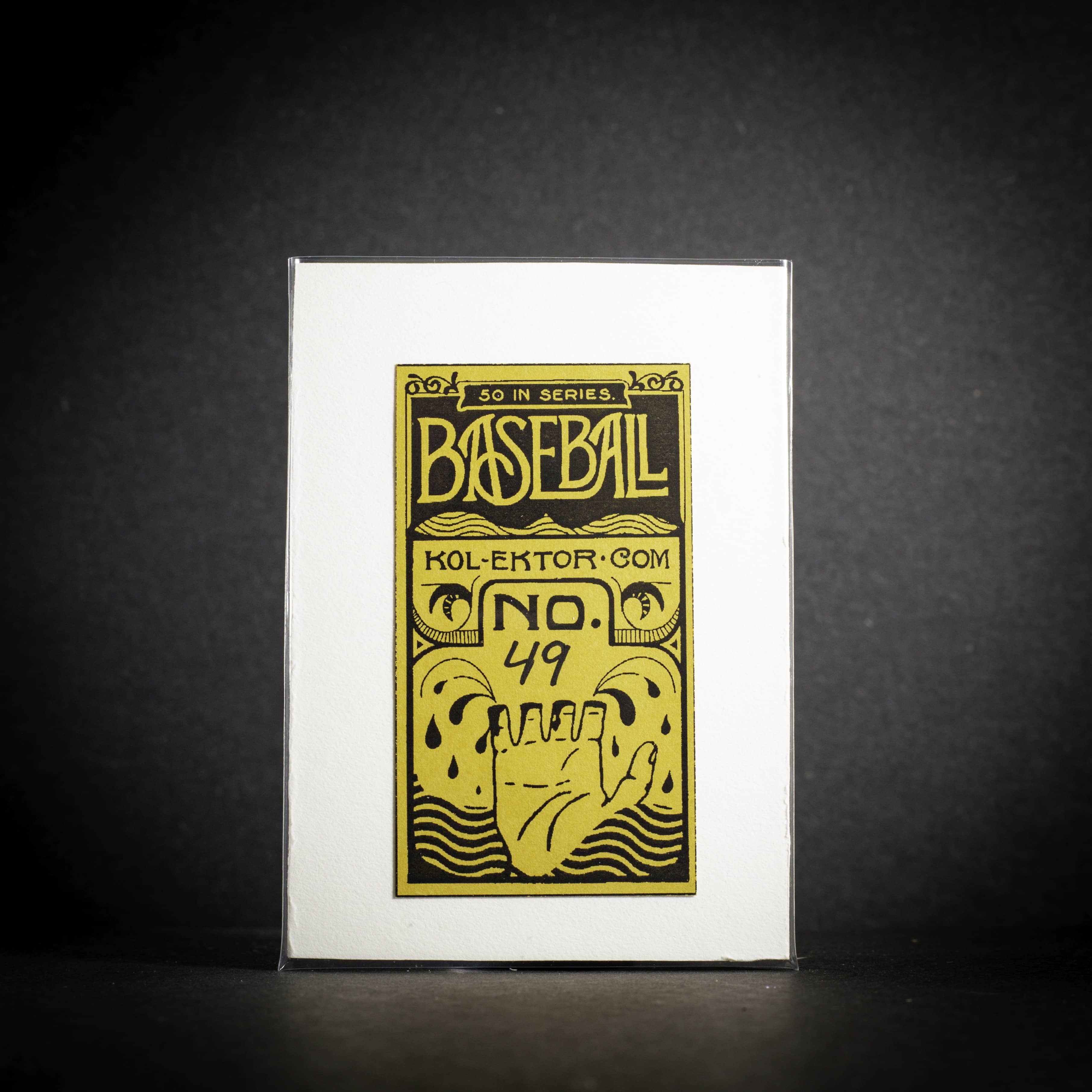 Baseball card with yellow text and design on a white background