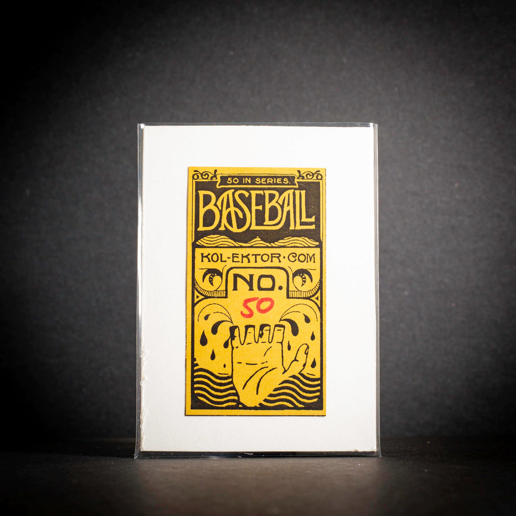 Baseball card packaging with yellow text on a black background