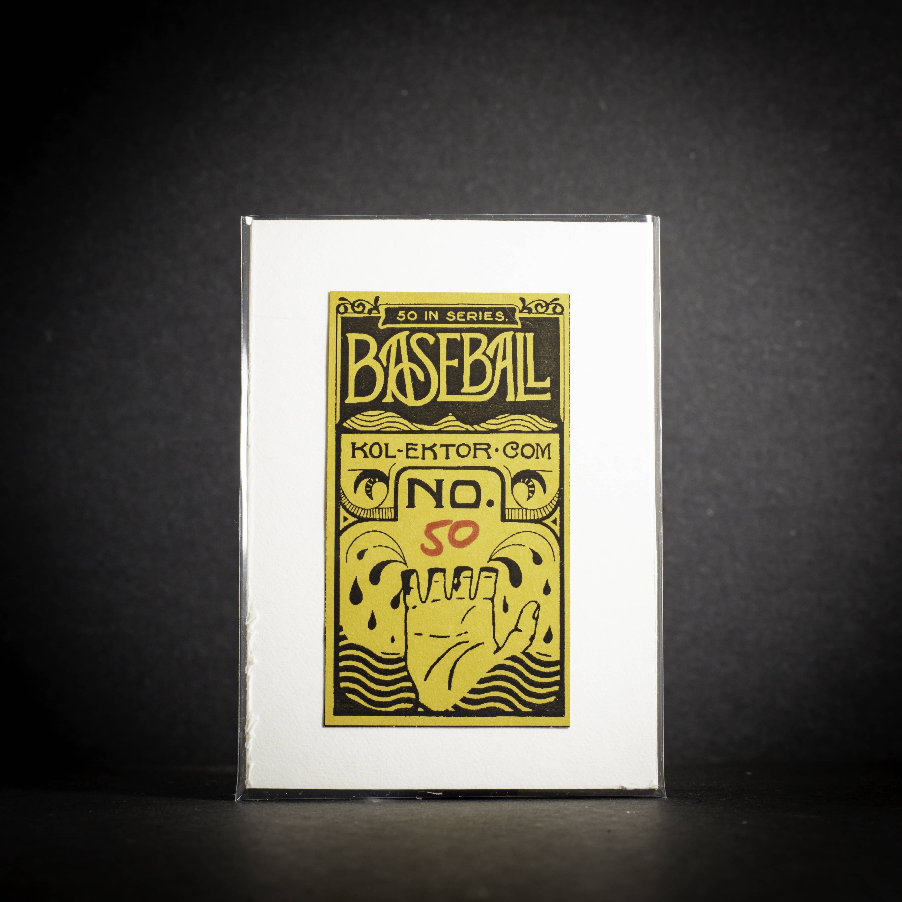 Baseball card packaging with yellow text on a black background