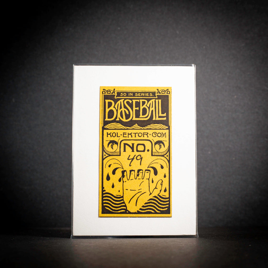 Baseball card with yellow text and graphics on a dark background
