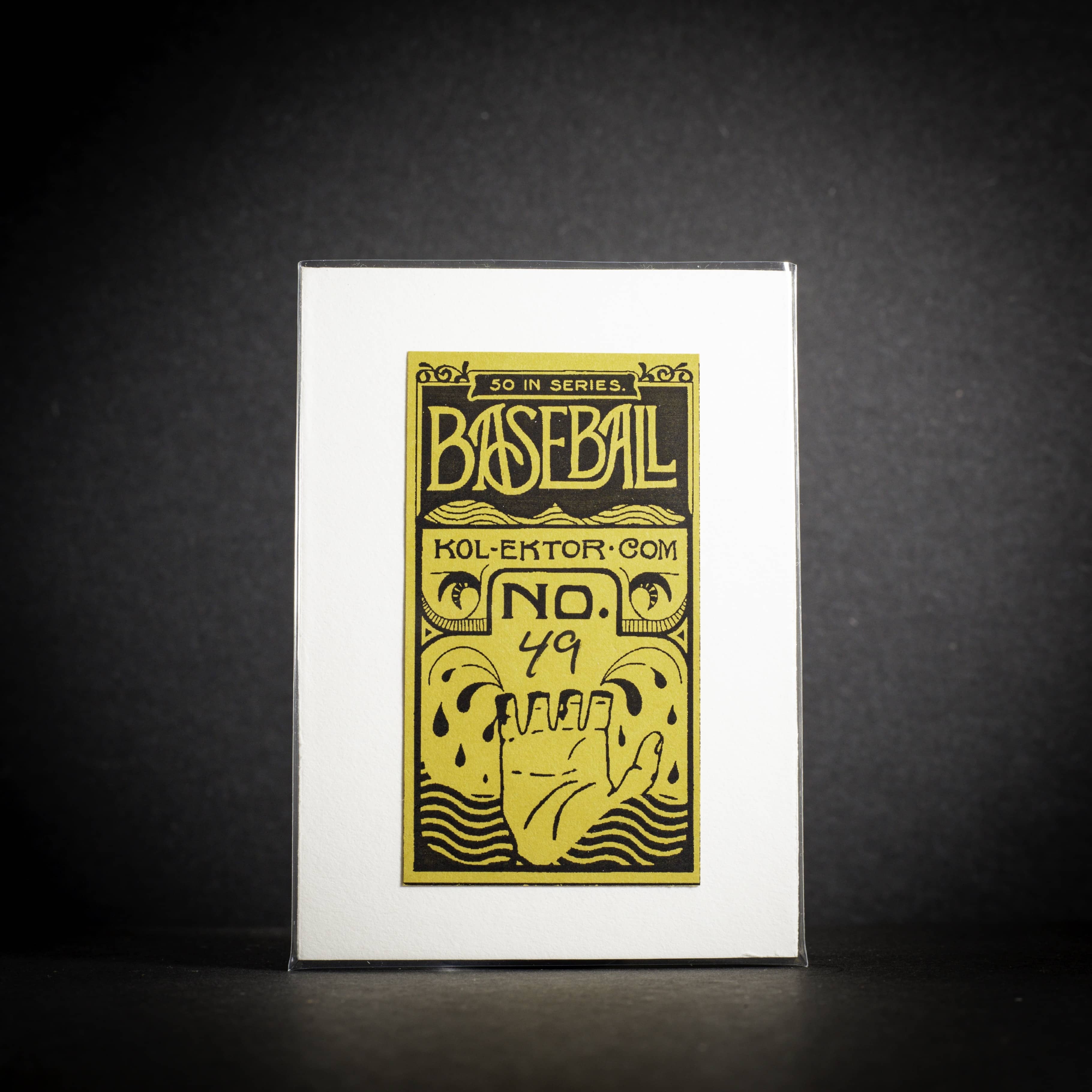 Baseball card with yellow text and graphics on a dark background