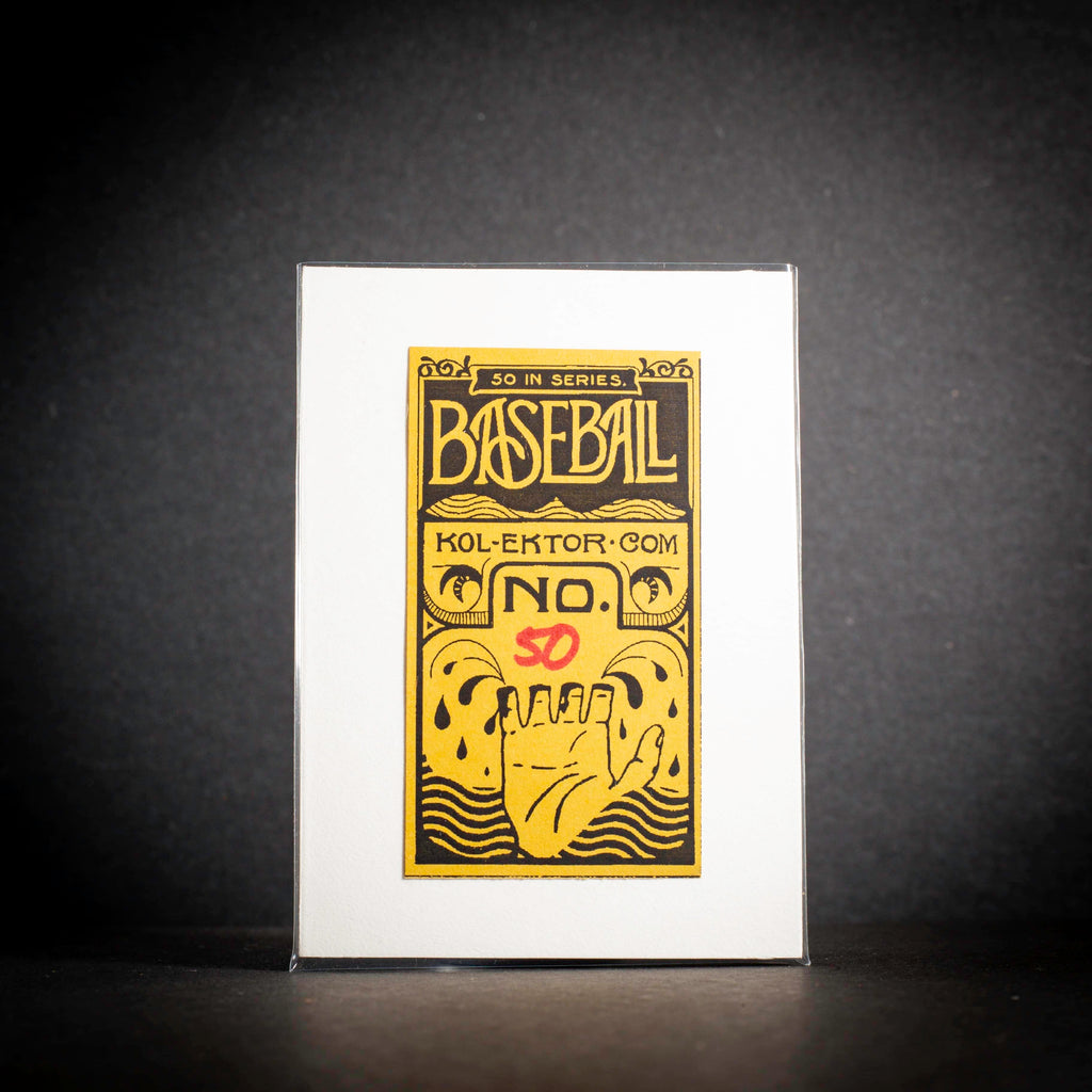 Baseball card with yellow text and graphics on a dark background