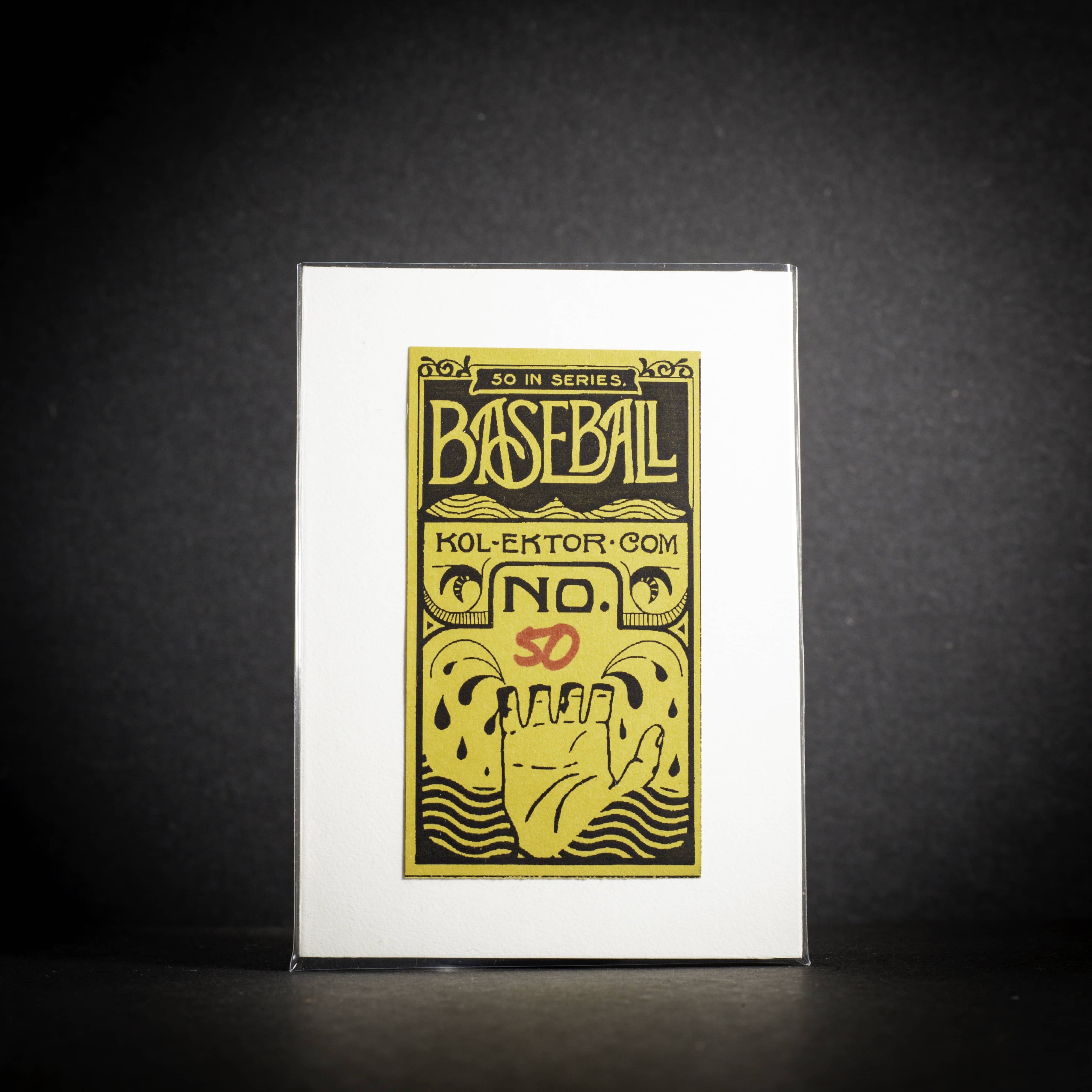 Baseball card with yellow text and graphics on a dark background